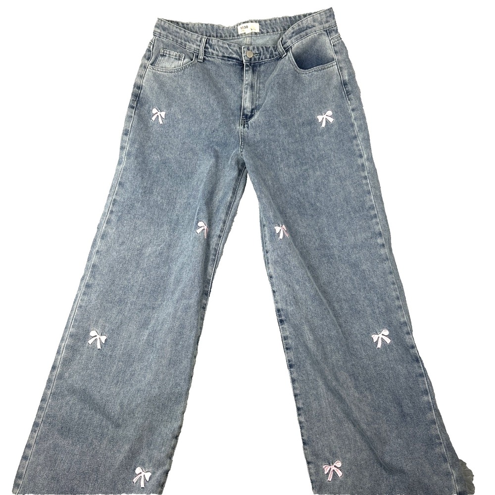 1030‎ TenThirty Jeans Womens 13/31 High Rise Wide Leg Pink Bow Embroidered Denim